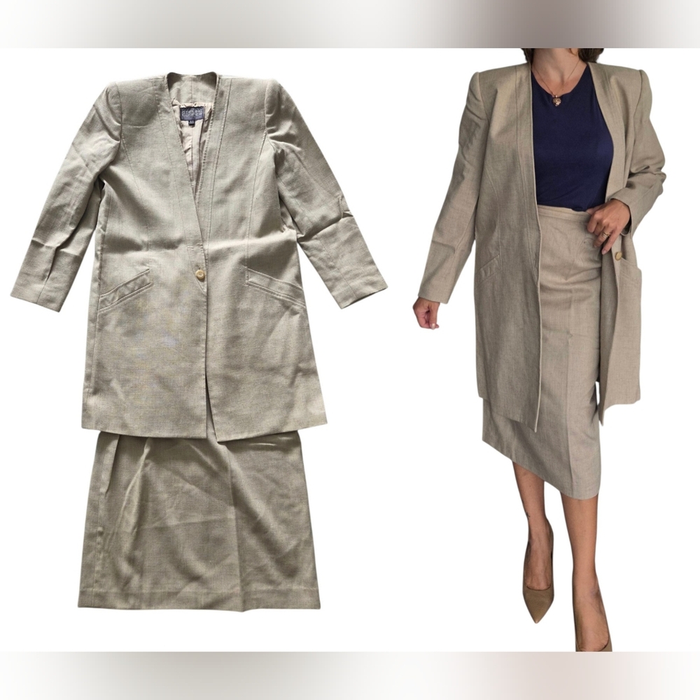 Stirling Cooper Vintage Blazer two piece Dress‎ Suit Set Skirt Small Flax Beige